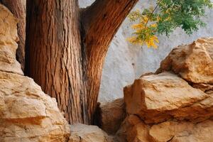Large tree growing between rocks in the mountain photo