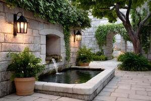 Water flowing in a small fountain in a courtyard with stone walls and lanterns photo