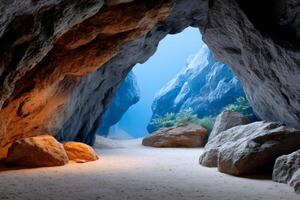 Sunlight entering sea cave illuminating sandy beach and blue ocean photo