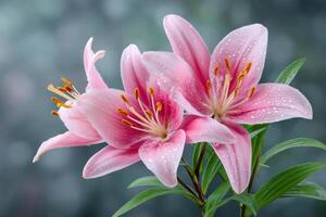 Two pink lilies blooming, showing their vibrant color and delicate petals with water drops. photo