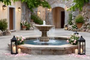 Water flowing in elegant fountain decorated with flowers and candles in charming courtyard photo