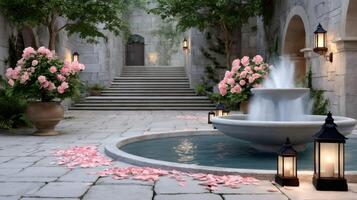 Romantic courtyard with fountain and rose petals at sunset photo