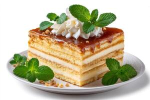 Layered cake slice with caramel, whipped cream and mint on white background photo