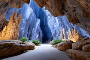Illuminated path winding through stunning rock formations in a cave photo