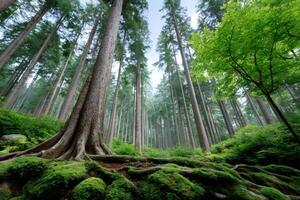 Majestic trees growing tall in lush green forest photo