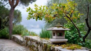 Japanese stone lantern standing on a low wall in a peaceful garden photo