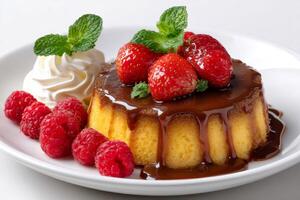 Delicious flan with caramel, strawberries, raspberries and whipped cream attracting customers photo