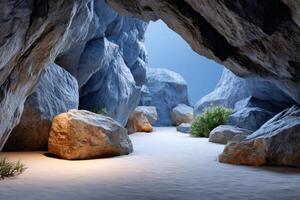 Exploring a mysterious hidden cave with white sand and rocks photo