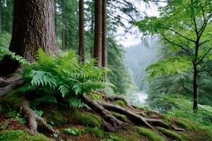 Lush green fern growing at the base of a tree in a tranquil forest photo