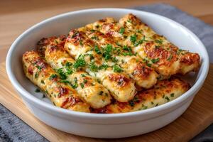 Delicious homemade cheesy breadsticks sprinkled with fresh parsley in a white bowl photo