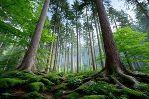 Majestic green forest with tall trees and mossy ground photo