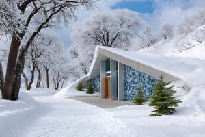 Modern chapel covered by snow during winter with snowy trees photo