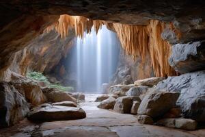 Sunbeams illuminating cave with stalactites and stalagmites photo