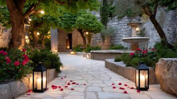 Romantic pathway with rose petals leading to a fountain and illuminated by lanterns in a charming garden photo