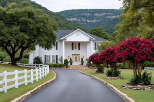 Beautiful white house with blooming crape myrtles and a winding driveway leading to the entrance photo