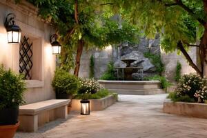 Tranquil courtyard with fountain and lush vegetation illuminated by lanterns photo