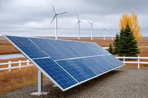 Solar panel and wind turbines generating renewable energy photo
