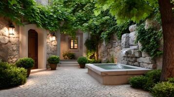 Cobblestone courtyard with fountain and lush vegetation illuminating cozy house entrance photo