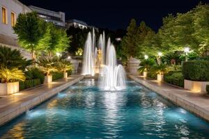 Illuminated fountain jets creating a mesmerizing water display in a luxurious park at night photo