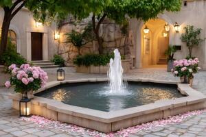 Beautiful fountain sprinkling water in a romantic courtyard with rose petals and lanterns photo