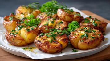 Smashed roasted potatoes with rosemary and parsley lying on baking paper photo