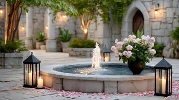 Romantic courtyard with fountain, rose bouquet, and lanterns illuminating the scene photo