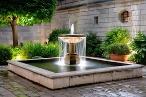 Water flowing from fountain in peaceful courtyard garden photo