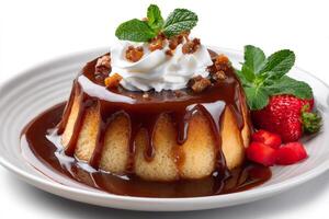 Delicious pudding with caramel sauce, whipped cream, walnuts and mint photo