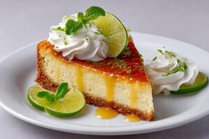 Slice of key lime pie with whipped cream and lime zest topping photo