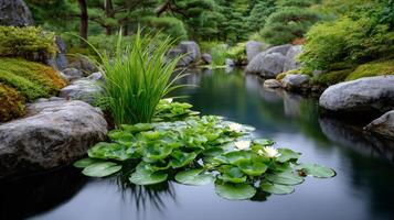 Water lilies floating on a pond in a Japanese garden with grass and rocks photo