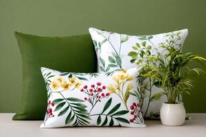 Decorative pillows with floral and leaf patterns enhancing a green interior design photo