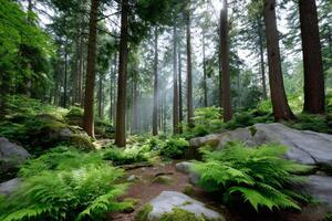 Sunbeams shining through misty coniferous forest with ferns and rocks photo