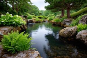 Water flowing in a japanese garden pond surrounded by lush vegetation photo