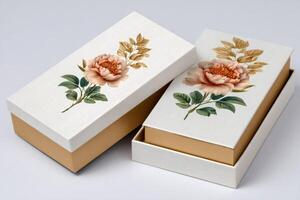 Two stylish gift boxes with a delicate floral pattern, perfect for presenting a special gift photo