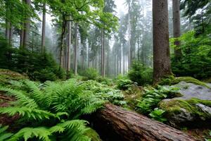 Lush green ferns growing in foggy forest.. photo