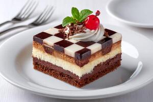 Checkerboard Cake resting on white plate with chocolate shavings, whipped cream and cherry photo