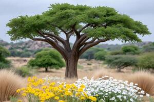 Large acacia tree growing in a field of flowers photo