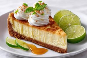 Key lime pie slice with whipped cream and lime slices on white plate photo