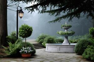 Fog enveloping a scenic garden with a fountain, topiary, lamppost and stone pavement photo