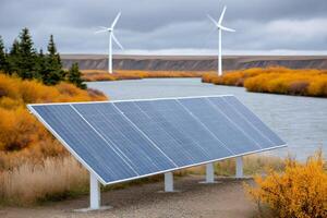 Solar panel and wind turbines generating sustainable energy near a river photo