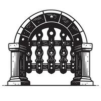 Intricate vintage art silhouette of an ancient gate structure with detailed architectural elements vector
