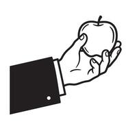 A clean black and white silhouette illustration depicting a hand in a suit holding a perfectly shaped red apple. vector