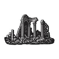 Ancient roman ruins illustration featuring columns and architectural details in black and white vector