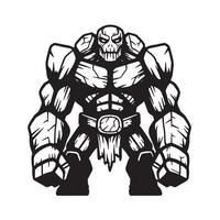 Powerful silhouette illustration depicting a stone golem character designed with a skull face and a stone texture appearance. vector