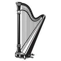 Elegant black and white silhouette illustration of a classic concert harp standing alone on a stark white background ready for music vector