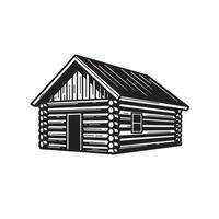 Classic vintage art silhouette of a rustic log cabin building with simple door and window illustration vector