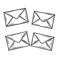 Four simple hand drawn black and white envelope illustrations in a vintage art style vector
