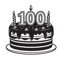 Black and white illustration of a birthday cake with candles and the number one hundred celebrating a centennial. vector