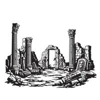 Ancient roman ruins illustration in vintage art style featuring columns and architectural remains vector