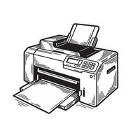 Illustrated vintage art monochrome printer depicting printing machine and office technology equipment vector
